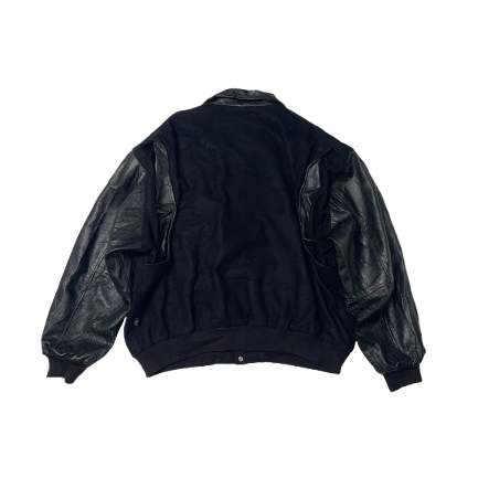 Vintage Varsity Black Jacket With Leather Sleeves (2XL)