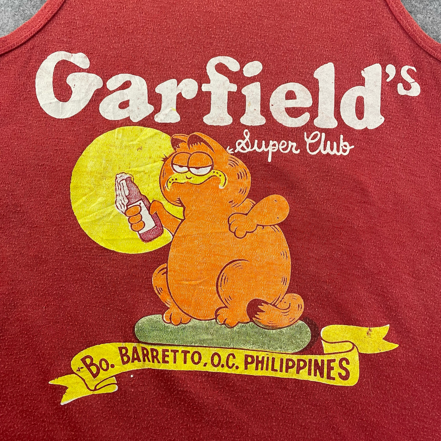 Rare Vintage 1980s Garfield Super Club Tank Top – Made in Philippines, Jigsaw Tag (L)