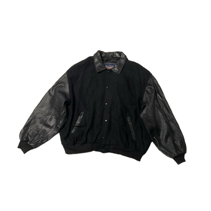 Vintage Varsity Black Jacket With Leather Sleeves (2XL)